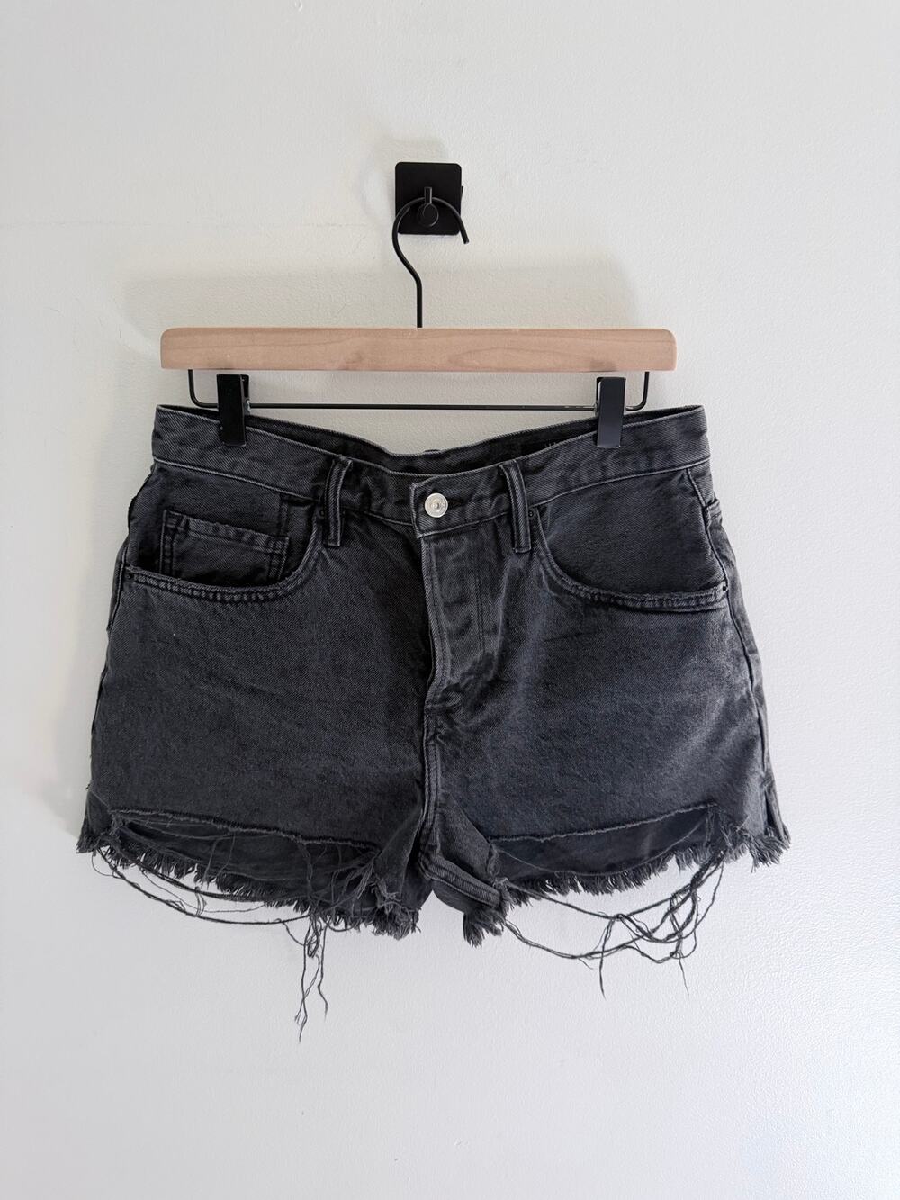 AllSaints Black Denim Distressed High Rise Heavy Fray Shorts-Size 29